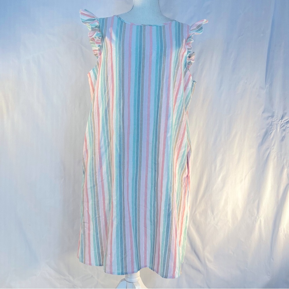 Emory Rose Dress Pink/Green Striped Silver Metallic Thread Ruffle Cap Sleeve XL👍